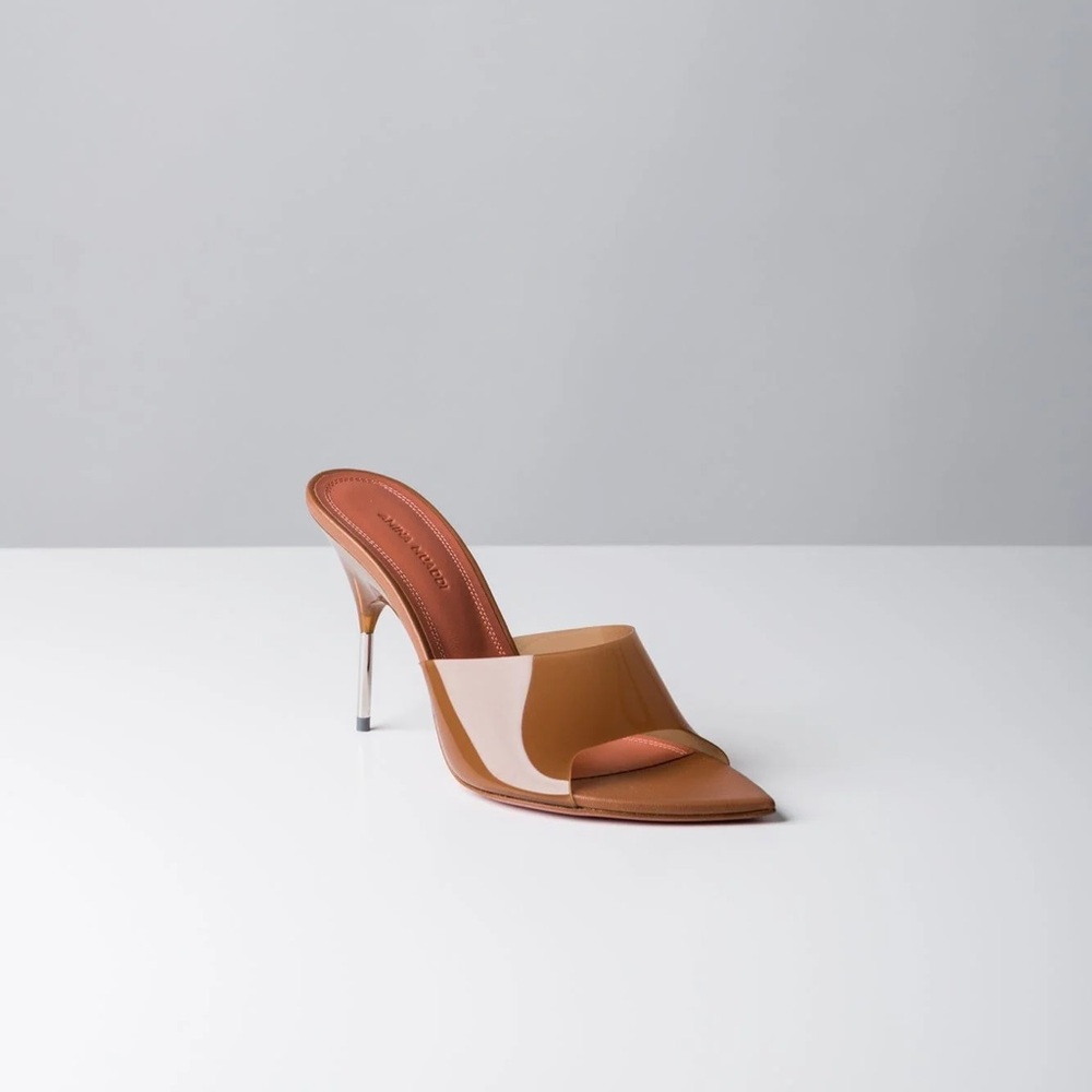 New NWT AMINA MUADDI Bianca 95 Mules Heel Size 38 (8) Beige Glass Slipper